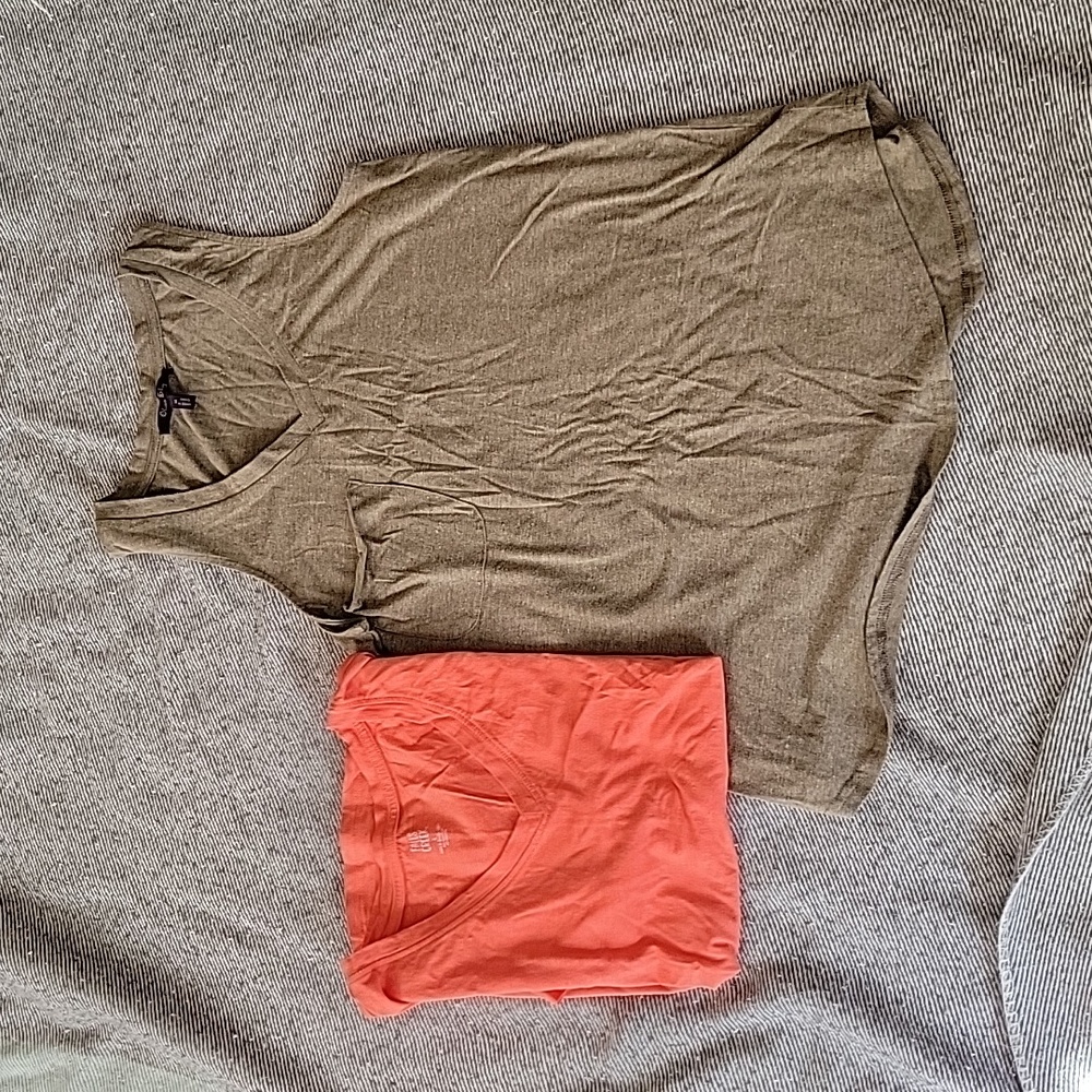 Lot of two tops 1 sleeveless olive sz med, one coral shirt sleeve v neck l